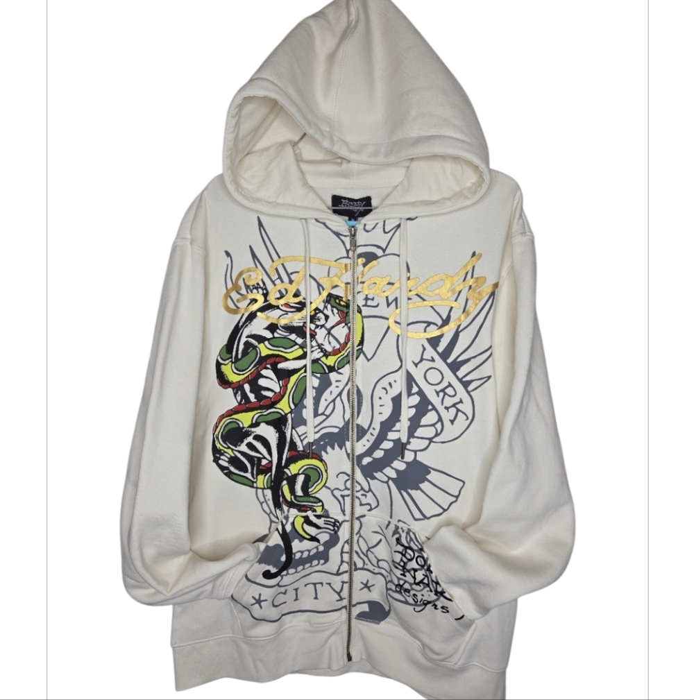 Ed Hardy Unisex Full Zip Tattoo Graphic Panther Hooded Sweatshirt Size M